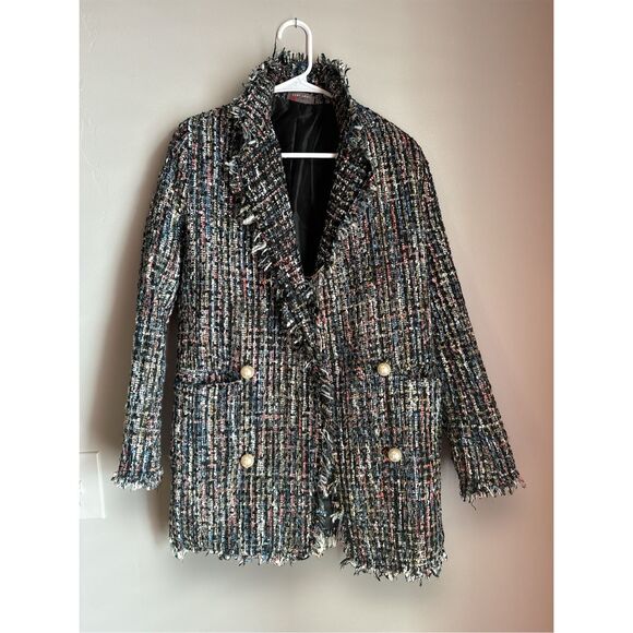 SANS SOUCI Womens sz S Tweed Metallic Fringe Woven Pearly Button Blazer Preppy - Picture 2 of 7
